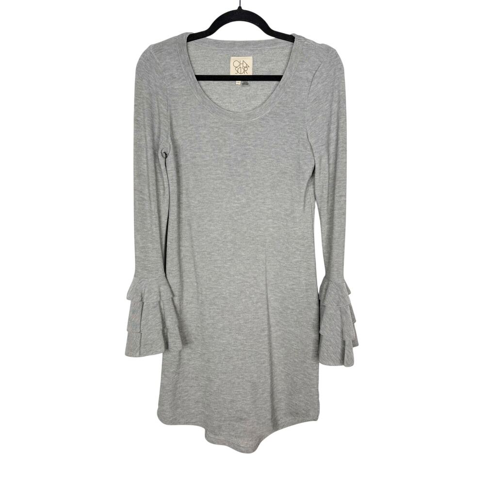 Chaser Small S Heather Gray Bell Sleeve Scoop Neck Dress Soft Knit Long Sleeve